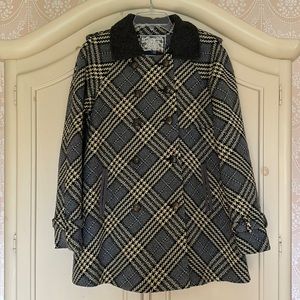 Free People Double Breasted Coat Grey, Blues, Black, Pale Yellow Pockets SZ 8